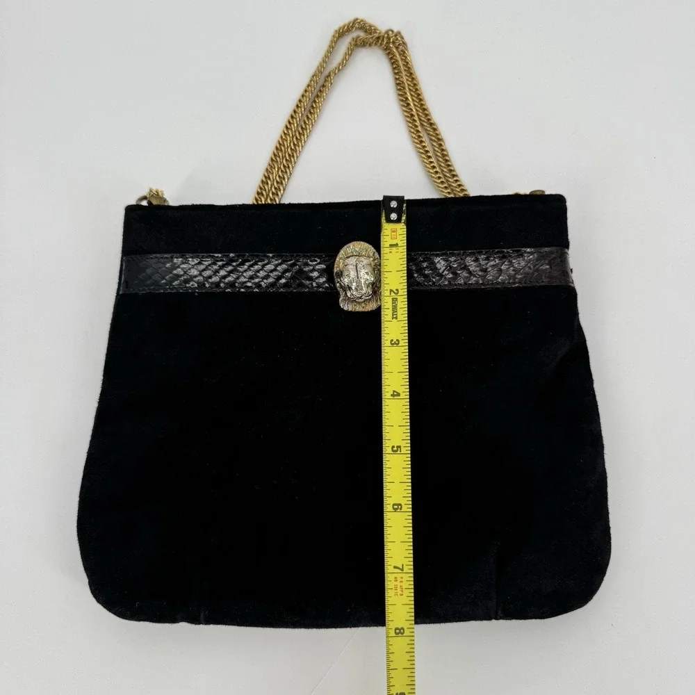 Vintage Ruth Saltz Handbag Purse Suede‎ Snake Print Trim Black Cougar Chain